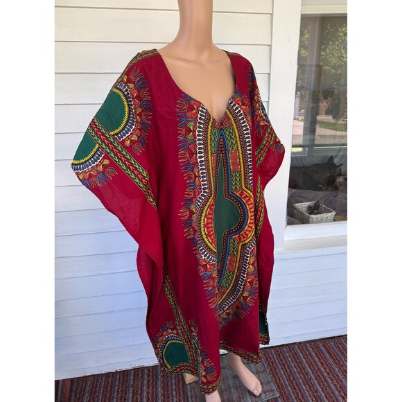 Red Print Dashiki Kaftan Dress Maxi Long Vintage One Size XL XXL - Picture 5 of 7